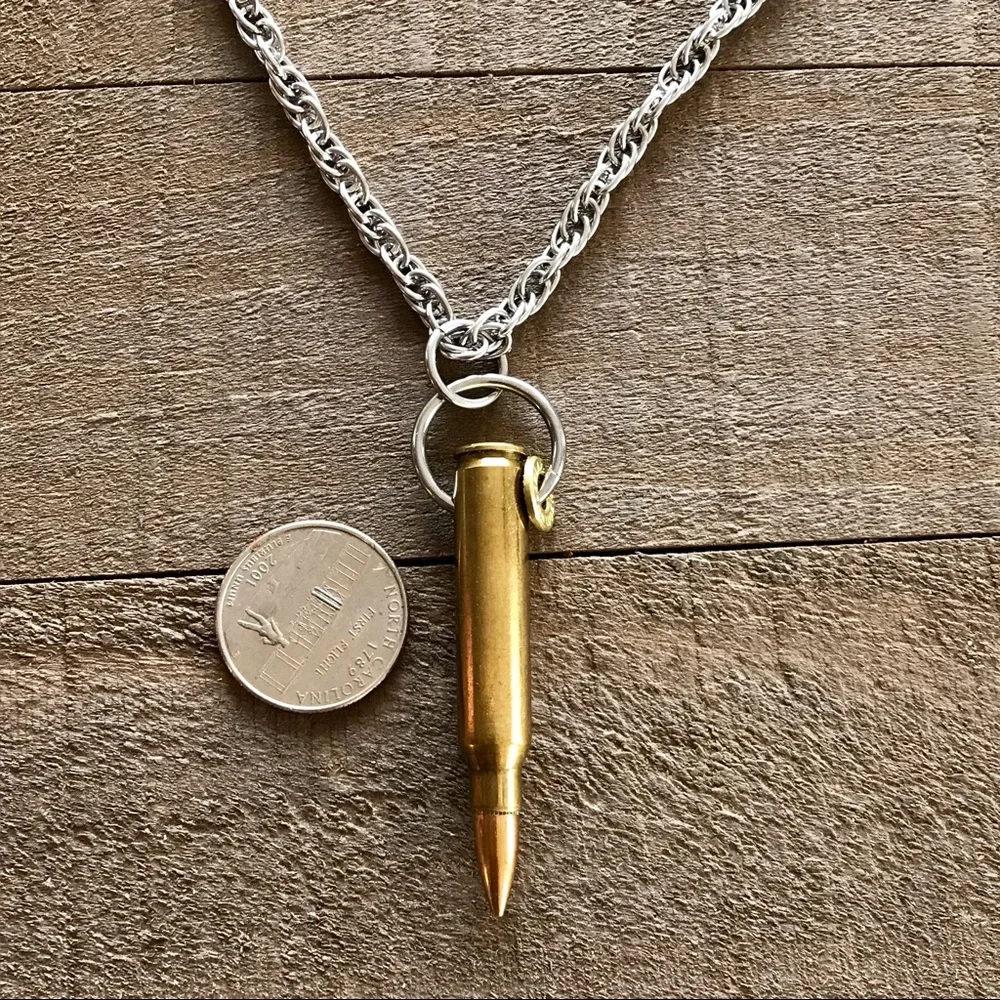 🆕22 Caliber Bullet with a 22 Caliber Bullet Slice Pendant Chain Stainles…